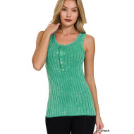 Tank Top, Acid Washed Ribbed Snap Round Neck Kelly Green