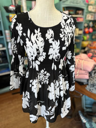 Top, Blouse Black & White Smocked Bodice