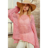 Top, Open Knit Drop Shoulder Pink