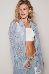 Shirt, Gauze Lace High Low Button Up Sexy Sassy Coneflower Blue