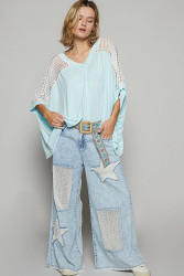 Top, Oversized Studded Open Weave Crochet Oversized Aqua Blue