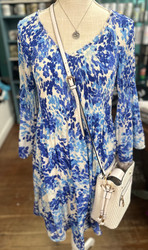 Dress, Blue White Design Smocked Bodice Light Lining