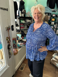 Top, Blouse Plus Size Blue White Tie Neck