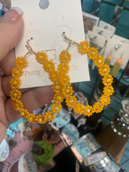 Earrings, Glass Beaded Flower Daisy Dark Yellow