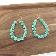 Earrings, Glass Beaded Flower Daisy Turquoise 