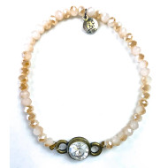 Bracelet, Stretch Faceted Glass Beads Rhinestone Ivory