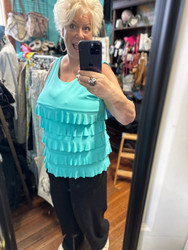 Top,  Sleeveless Ruffle Cha Cha Coolant Fabric LuLu B Aqua Sea Glass