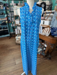 Dress, Maxi Ruffle Neck Coolant Fabric LuLu B Chevron Blues