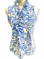 Top, Sleeveless Ruffle Neck Coolant Fabric LuLu B Hibiscus Blue White