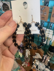 Earrings, Glass Beaded Teardrop Black