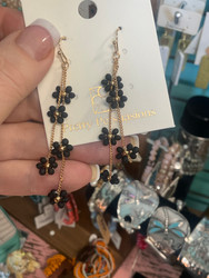 Earrings, Glass Bead Drop Dangle Daisy Flower Black