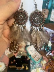 Earrings, Feather Brown Brass Tone 