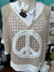 Top, Peace Sign Open Weave Cream Beige Oversized