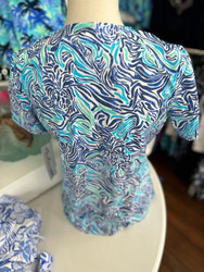 Top, Short Sleeved Coolant Fabric Blue Turquoise White