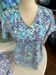 Top, Short Sleeved Coolant Fabric Blue Turquoise White