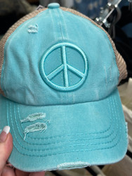 Baseball Trucker Cap, Peace Sign Turquoise Aqua Messy Bun Ponytail 