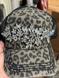 Baseball Trucker Cap, Bejeweled Grey Leopard
