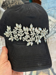 Baseball Trucker Cap, Bejeweled Ponytail Messy Bun Rhinestone Floral Black