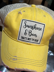 Baseball Trucker Cap, Sunshine & Beer That’s Why I’m Here Yellow Vintage
