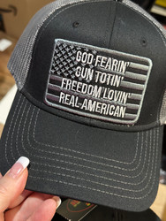 Baseball Trucker Cap, God Fearin’ Gun Totin’ Freedom Lovin’ Real American