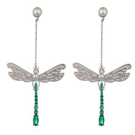 Earrings, Dragonfly  Cubic Zirconia CZ Crystals Silver Green