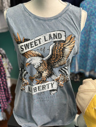 Tank Top, Mineral Washed Born Free American Flag Eagle Vintage Blue
