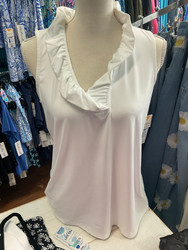 Top, Sleeveless Ruffle Neck White LuLu B UPF 50 Coolant Like Fabric White