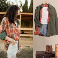 Shirt Corduroy Reversible Olive Green Orange Pkaid Button Up Shacket