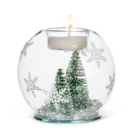 Votive Candle Holder 3D Pine Trees Snowflakes Glass