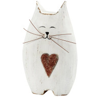 Wooden Cat Metal Heart Decor Shelf Sitter 
