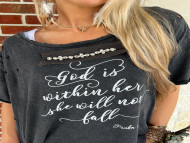 Top Boho Distressed Rhinestone Appliqué God Is Within Her She Will Not Fall