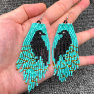 Earrings Beaded Raven Crow Turquoise Blue