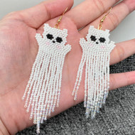 Earrings Ghost Kitten Cat Beaded Cute Dangle White Halloween