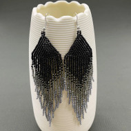 Earrings Glass Bead Black Silvertone Grey
