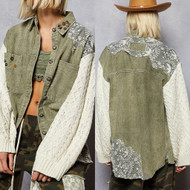 ARRIVING SOON Shirt Jean Lace Knit Sleeves Olive