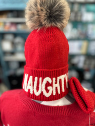 Beanie Hat Pom Naughty Fleece Lined Red 
