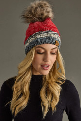 Beanie w/Pom by Panache Fleece Lined Grey Band Red