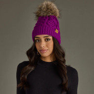 Beanie Hat w/Pom Fleece Lined By Panache Cable Knit Magenta Purple