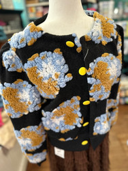 Jacket Retro Blue Teal  Mustard Flowers Button Up Bomber Style