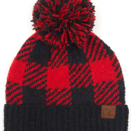 Beanie Pom CC Buffalo Plaid Red Black