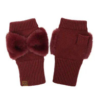 Gloves CC Fingerless w/ Faux Fur Bow Winter Wine Burgundy 