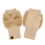 Gloves CC Fingerless w/ Faux Fur Bow Ladies Winter Beige