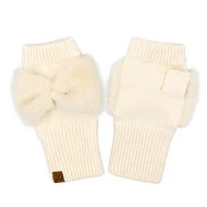 Gloves CC Fingerless W/ Faux Fur Bow Winter Ladies Cream