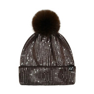 Beanie Pom Fleece Lined Sequins  Chocolate Mocha Brown