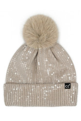 Beanie Pom Fleece Lined Sequins Taupe 