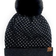 Beanie CC Pom Fleece Lined Rhinestone Black Hat