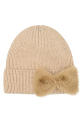 Beanie Cc Winter Hat Faux Fur Bow Camel