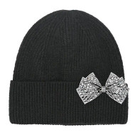 Beanie Winter Hat CC Rhinestone Bow Black