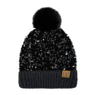 Beanie Pom Fur CC Winter Hat Sequins Black