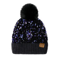 Beanie CC Winter Hat Fur Pom Sequins Purple & Black